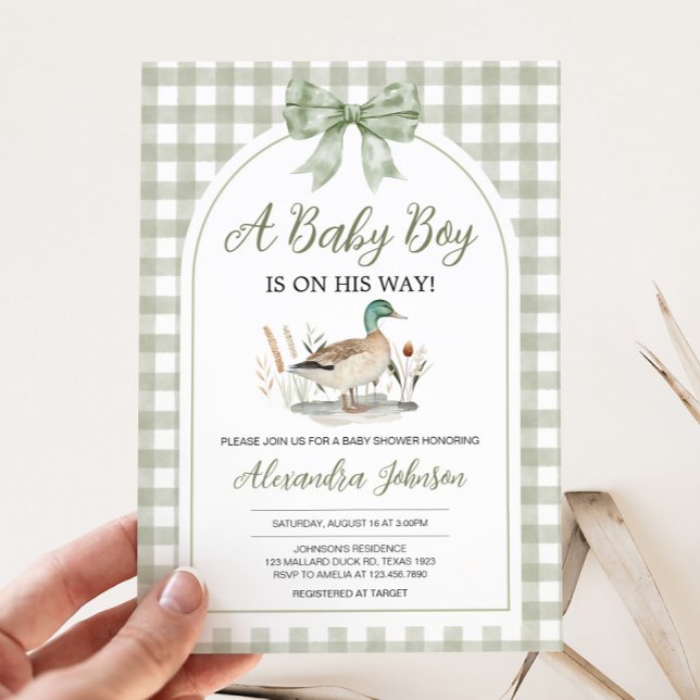Invitation en vichy Sage Green Mallard Duck Baby shower (Sage Green Gingham Mallard Duck Hunting Country Baby Shower Invitation)