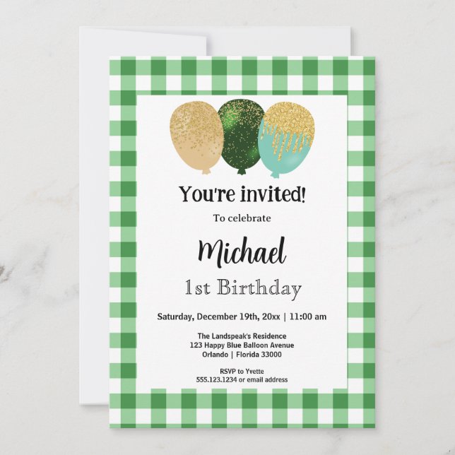 Invitation En vichy verte, Ballons de fête 1er anniversaire (Devant)