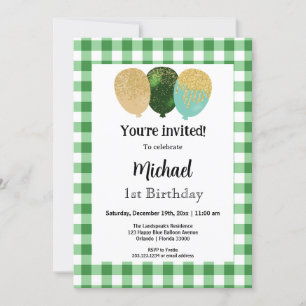 Invitation En vichy verte, Ballons de fête 1er anniversaire