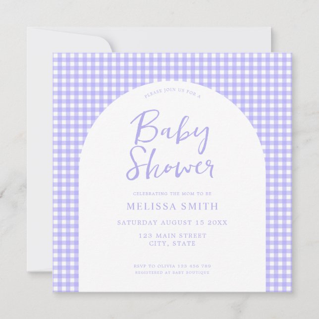Invitation en vichy violet À damiers Baby shower (Devant)