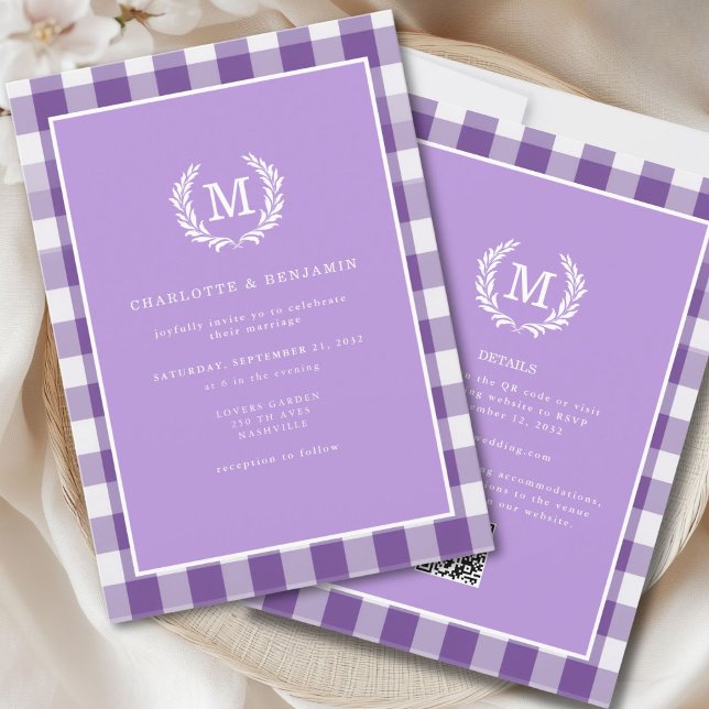 Invitation En vichy violet monogramme Crest QR Code (Purple Gingham Monogram Crest QR Code Invitation for Details and RSVP. )