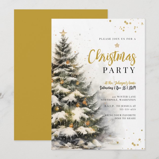 Invitation Enchantant Noël de sapin doré (Devant / Derrière)