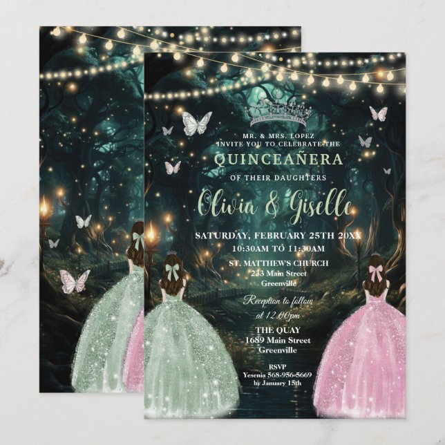Invitation Enchanté Forêt Sage Vert Rose Jumeaux Quinceañera (Devant / Derrière)