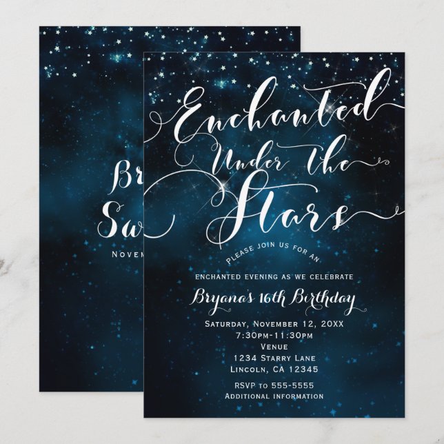 Invitation ENCHANTÉ SOUS LES ÉTOILES Ciel bleu étoilé (Devant / Derrière)