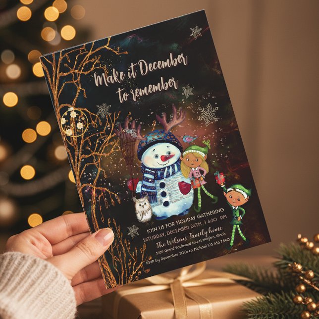 Invitation Enchanted Forest Black Gold Snowman Elves  (Enchanted Forest Black Gold Snowman Elves Invitation)