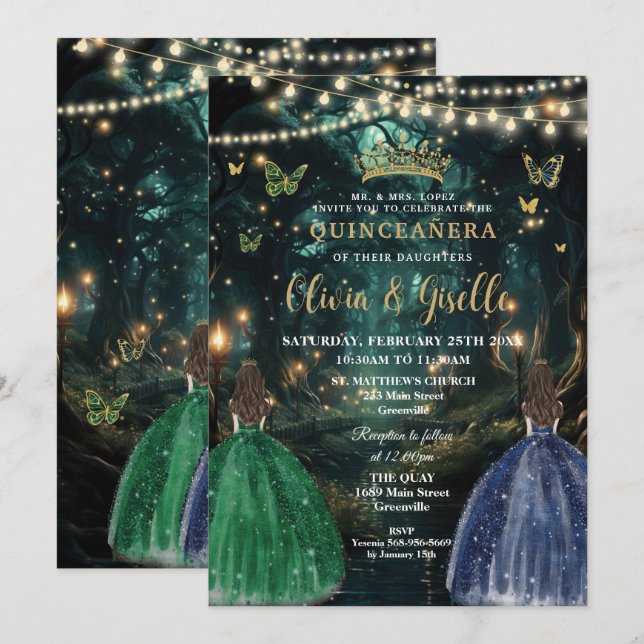Invitation Enchanted Forest Emerald & Navy Twins Quinceañera (Devant / Derrière)