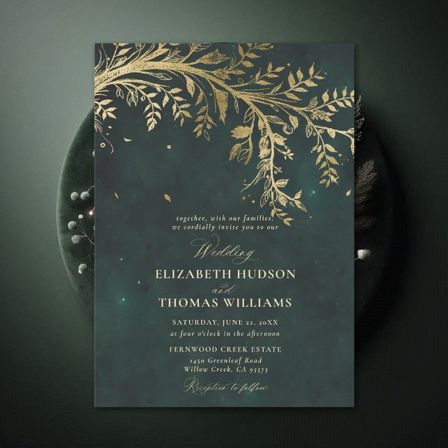 Invitation Enchanted Forest Gold Branch Emerald Green Mariage (Enchanted Forest Emerald Green Greenery Branch Gold Modern Calligraphy Wedding Invitation)