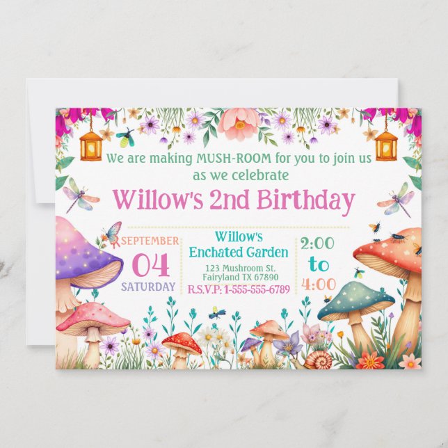 Invitation Enchanted Garden Mushroom Birthday Party Invite (Devant)