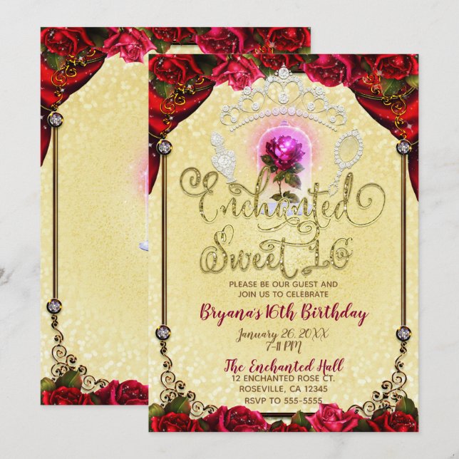 Invitation Enchanted Magical Rose Beauté Anniversaire Sweet 1 (Devant / Derrière)