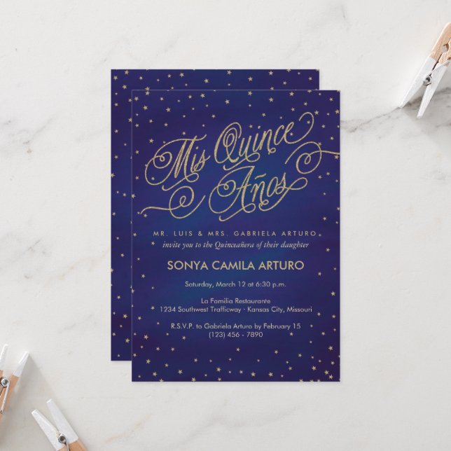 Invitation Enchanted Stars Quinceañera (Devant/Arrière en situation)