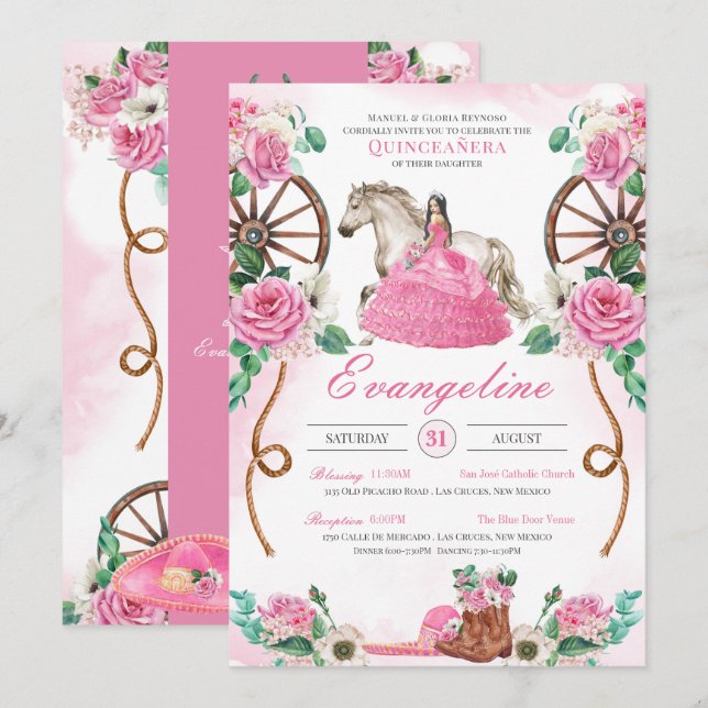 Invitation Enchantée Rose Occidental Charro Quinceanera (Devant / Derrière)