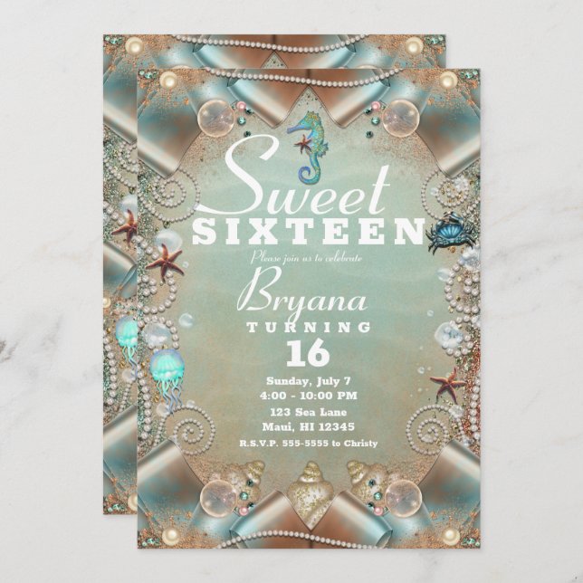 Invitation Enchantée Sous Les Perles De Mer & Ribbon Sweet 16 (Devant / Derrière)