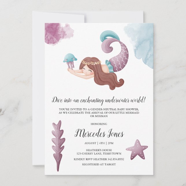 Invitation Enchanter les sirènes et le Baby shower de méduses (Devant)