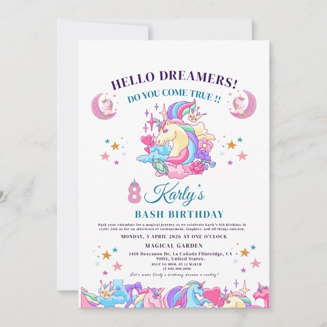 Invitation 🌈 ✨ Enchanter Unicorn 8e anniversaire magique de  (Devant)