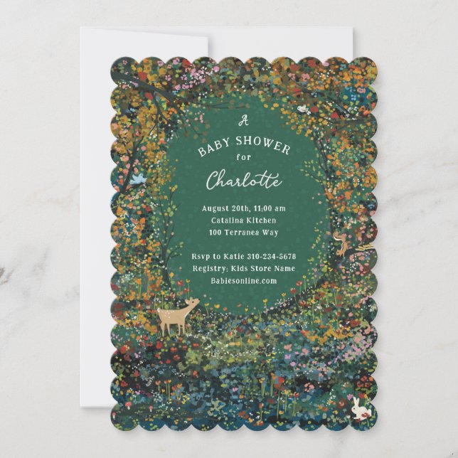 Invitation Enchanteur Baby shower vert de la forêt forestière (Devant)