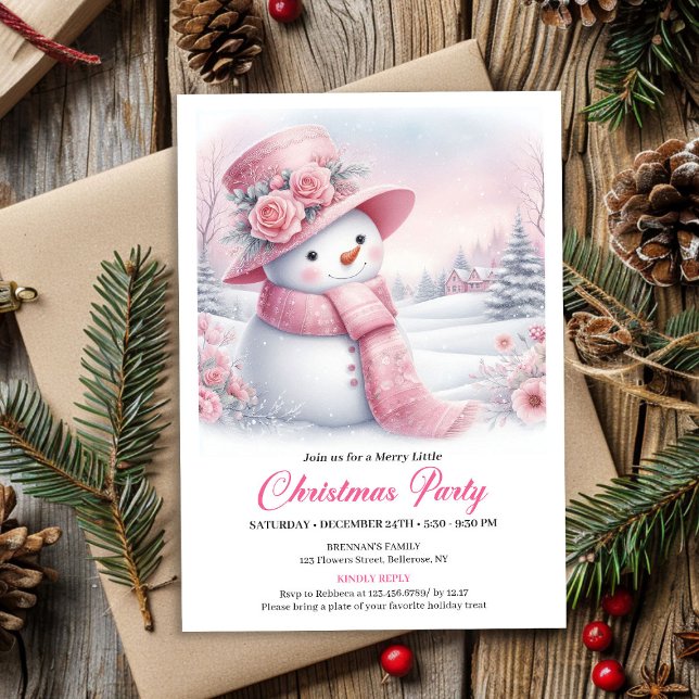 Invitation Enchanting Pink Snowman Editable Christmas Invite  (Enchanting Pink Snowman Editable Christmas Invite Download)