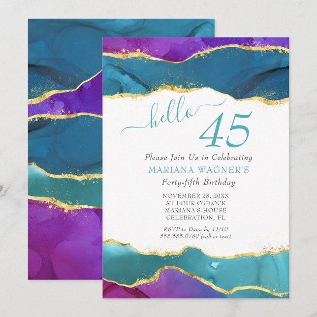 Invitation Encre Abstraite Fuchsia Rose Turquoise Or 45e anni (Devant / Derrière)