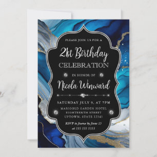 Invitation Encre Alcool Bleu, Argent et Or 21e Anniversaire