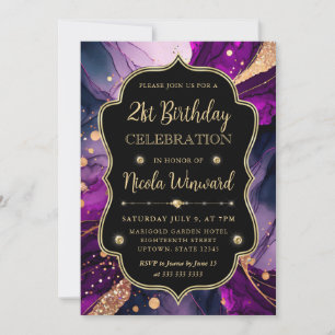 Invitation Encre alcoolique pailletée violette et dorée 21e a