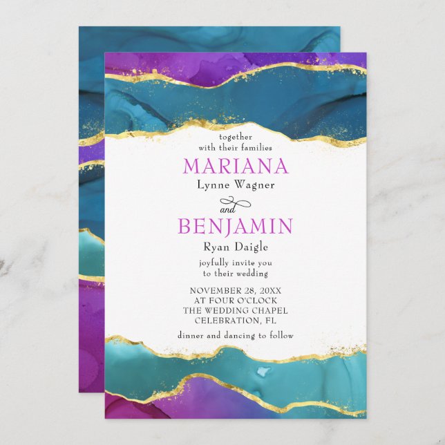 Invitation Encre Aquarelle Abstraite Fuchsia Rose Turquoise O (Devant / Derrière)