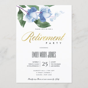 INVITATION ENCRE BLEU VERT LAVIS AQUARELLE FLEURAL RETRAITE