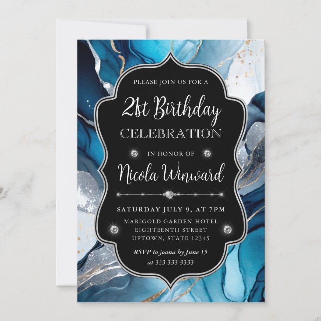 Invitation Encre d'alcool bleu, argent et or 21e anniversaire (Devant)