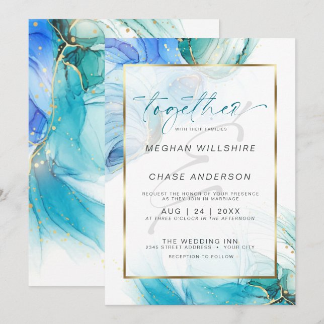 Invitation Encre d'alcool marbrée turquoise et bleue Invitati (Devant / Derrière)