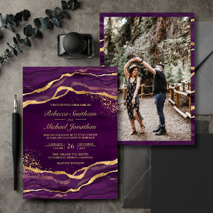 Invitation Encre fluide or violet Photo Mariage