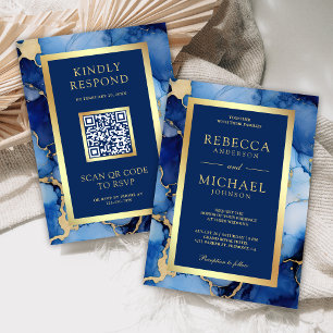 Invitation Encre Liquide Or Bleu Royal Code QR Mariage