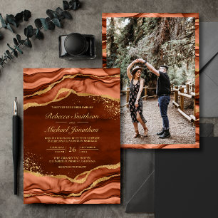 Invitation Encre Liquide Or Terracotta Photo Mariage