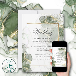 Invitation Encre verte sauge discrète or de mariage