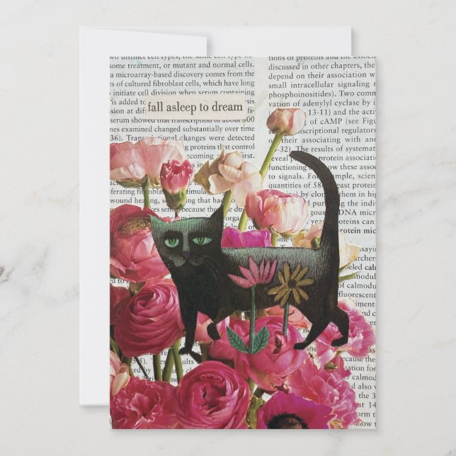 Invitation Endormez-vous pour rêver Chat noir Fleurs roses ch (Devant)