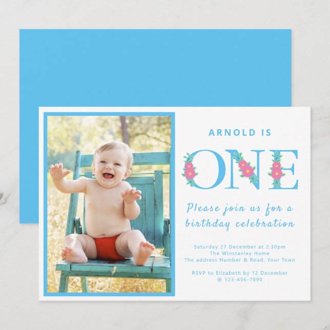 Invitation Enfant 1er Anniversaire Fête Photo Bleue (Devant / Derrière)