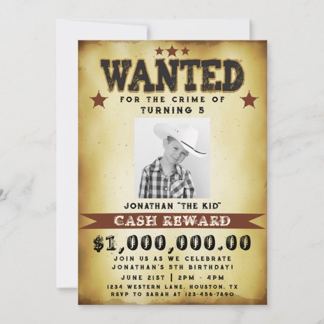 Invitation Enfant Anniversaire Recherché Poster Cowboy Invita (Devant)
