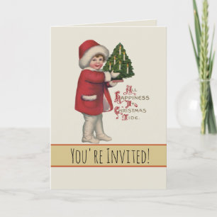 Invitation Enfant avec arbre de Noël Illustration Vintage Art