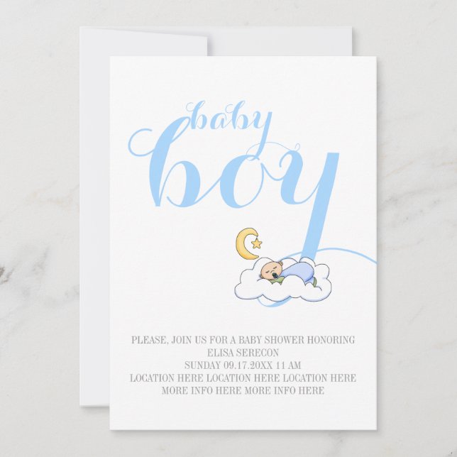 Invitation Enfant bébé en sommeil douche bleu texte minimum (Devant)