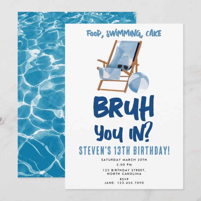 Invitation Enfant de Bruh Boy's Birthday Pool Party Ado Boy (Devant / Derrière)