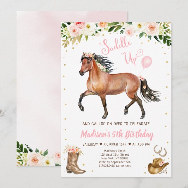 Invitation Enfant de la petite fille Saddup Horse Pony Annive (Devant / Derrière)