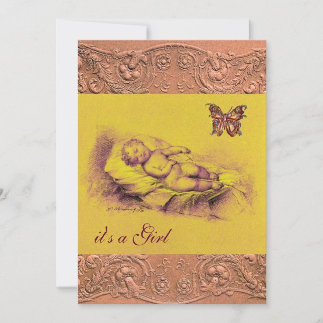 INVITATION ENFANT DORMIR, BABY SHOWER ROSE JAUNE BOUTEILLÉ (Devant)