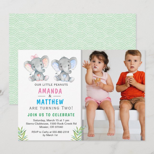Invitation Enfant éléphant, petite fille-jumelle de cacahuète (Devant / Derrière)
