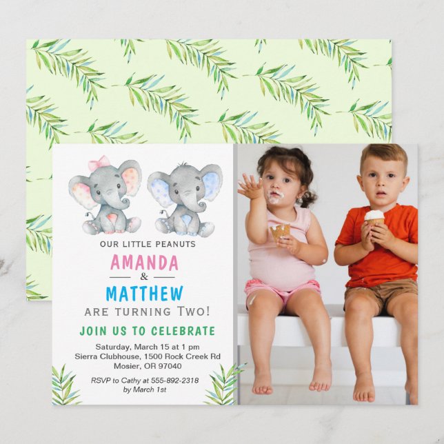 Invitation Enfant éléphant, petite fille-jumelle de cacahuète (Devant / Derrière)