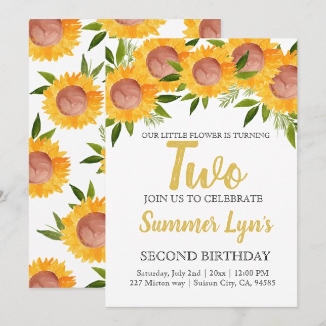 Invitation Enfant floral de tournesol mignon deuxième anniver (Devant / Derrière)