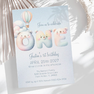 Invitation Enfant garçon 1er anniversaire nounours ballon nua
