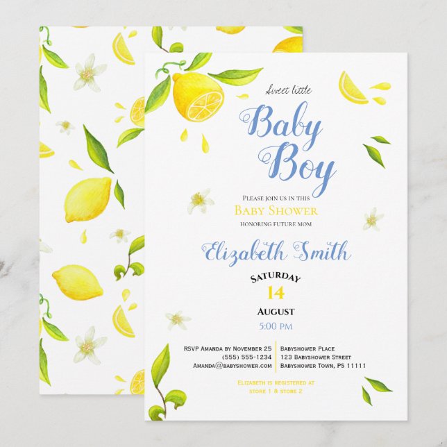 Invitation Enfant garçon été printemps citron thème bébé douc (Devant / Derrière)