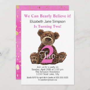 Invitation Enfant moderne 2e anniversaire Ours mignon rose se