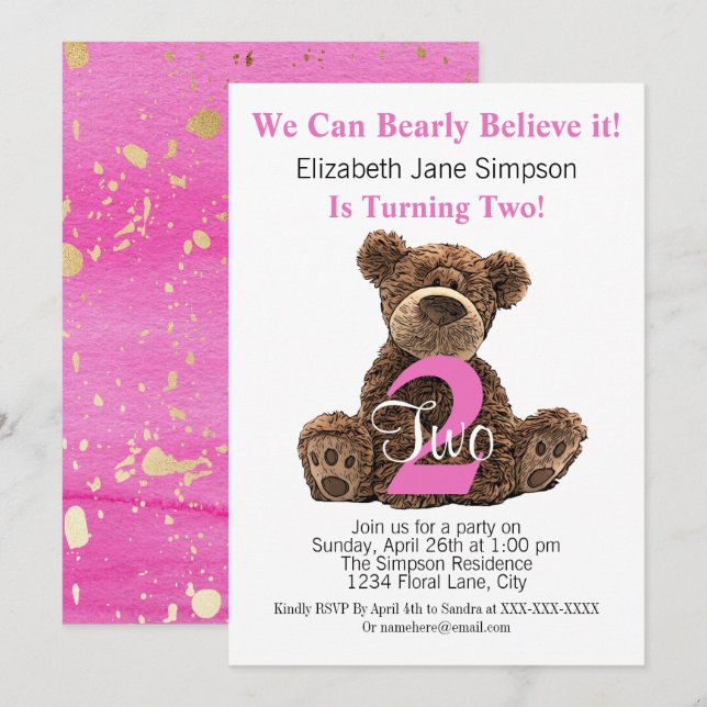 Invitation Enfant moderne 2e anniversaire Ours mignon rose se (Devant / Derrière)