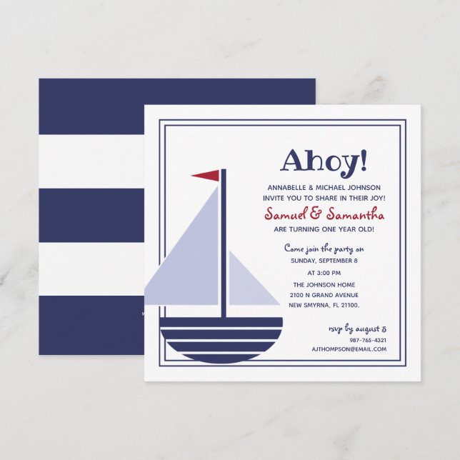 Invitation enfant ou fille jumeau N'IMPORTE QUEL ÂGE voilier  (Devant / Derrière)