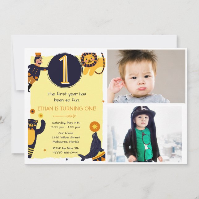 Invitation Enfants 1er anniversaire Cirque Photo Party Invita (Devant)