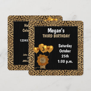 Invitation Enfants 3e fête d'anniversaire Cheetah avec Noir
