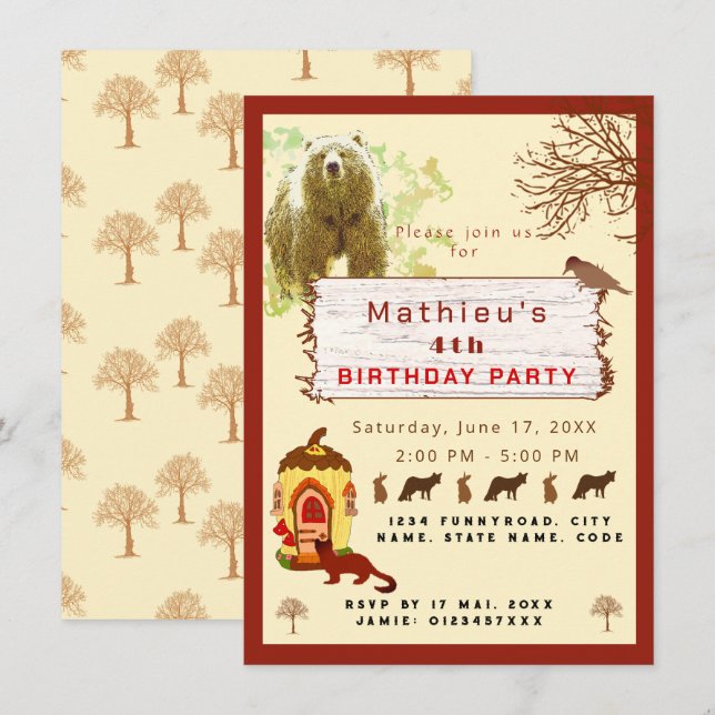 Invitation Enfants animaux et arbres fête d'anniversaire (Devant / Derrière)